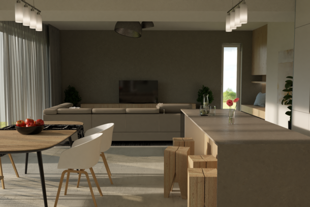 Návrh interiéru sedačka GREAT / pohľad z kuchyne